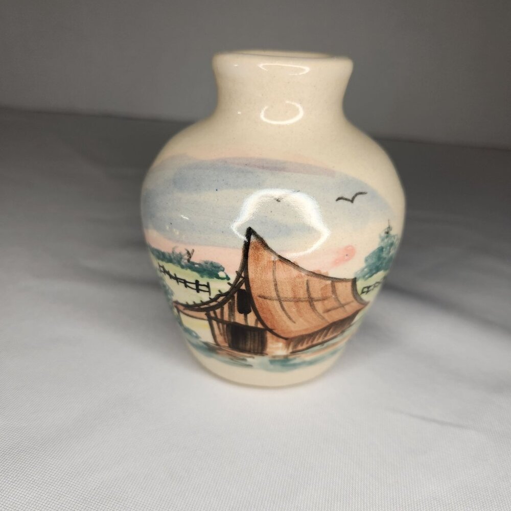 Paul Storie Pottery Hand-Painted Small Ceramic Vase With Rustic Cottage Scene